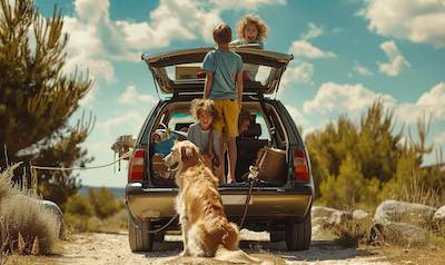 Familie mit Hund reist in einem Auto