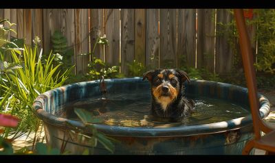 Hund badet in einer Wanne voller Wasser