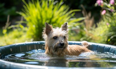 Kleiner Hund in einem Hundepool im garten