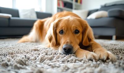glücklicher Hund auf einem Teppich