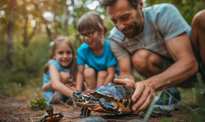 Eine Familie mit einer Schildkröte