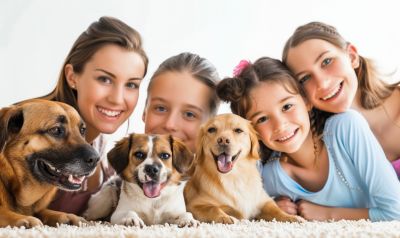 Familie mit Hunden auf einer Decke