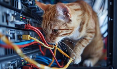 Katze klettert zwischen Computerkabeln rum