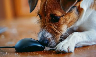 ein Hund schnuppert an einer Computermaus